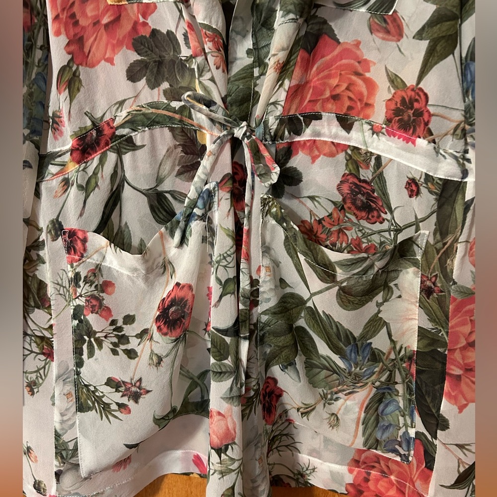 Haute Hippie Sheer Silk Floral Tunic, Rollup Sleeves Open Front Drawstring Waist - Picture 7 of 16